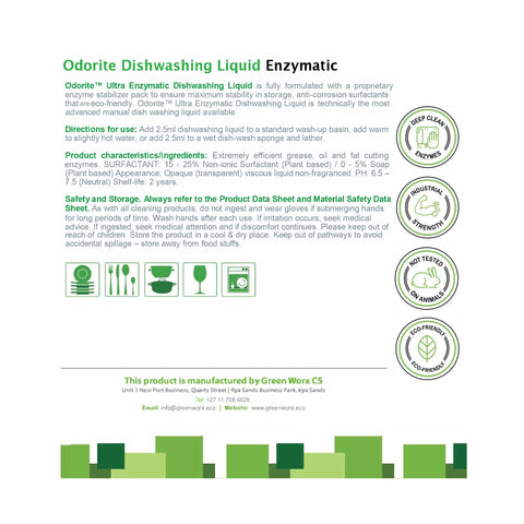 GreenWorx Odorite Ultra Manual Dishwashing Liquid - Ready To Use (5L) Back Label - Lemon