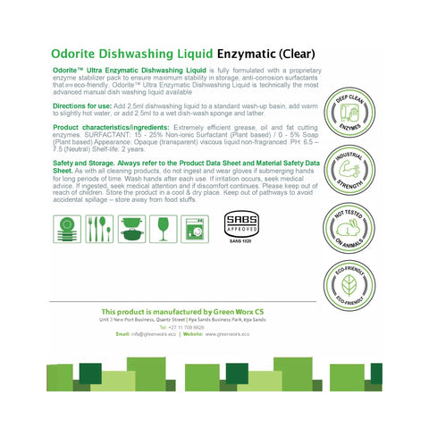 GreenWorx Odorite Ultra Manual Dishwashing Liquid - Ready To Use (5L) Back Label - Unfragranced
