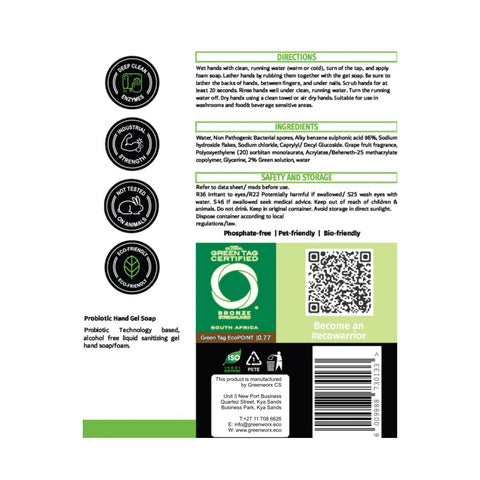 Greenworx Bio Tech Blue Hand Soap Gel (500ml) - Back Label